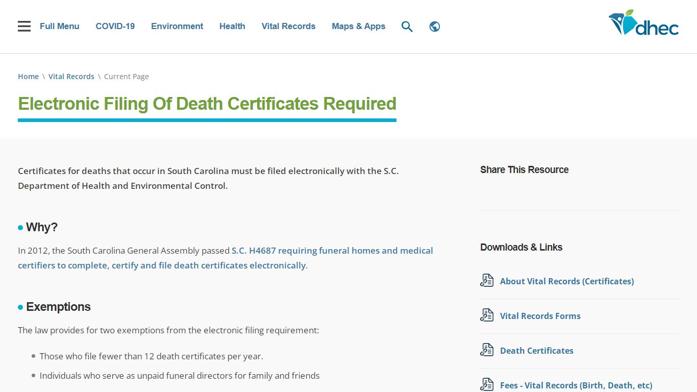 Electronic Filing Of Death Certificates Required | SCDHEC