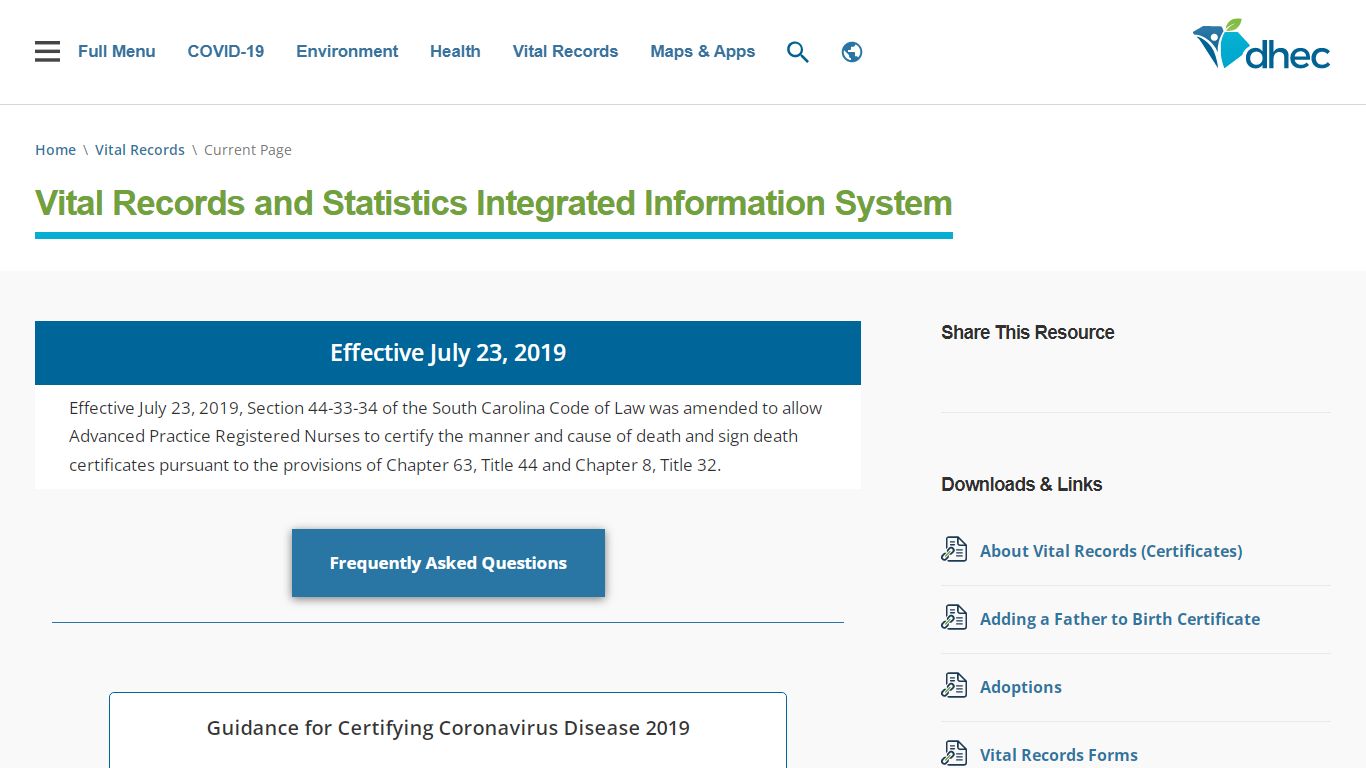 Vital Records and Statistics Integrated Information System - SCDHEC